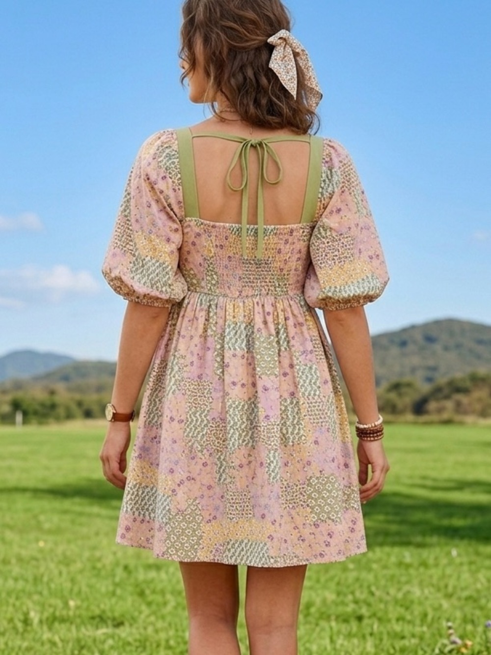 In Loom Patchwork Puff Sleeve Mini Dress Size Medium NWT - Picture 2 of 7